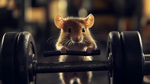 Mouse holding barbell handle in dim fitness environment.