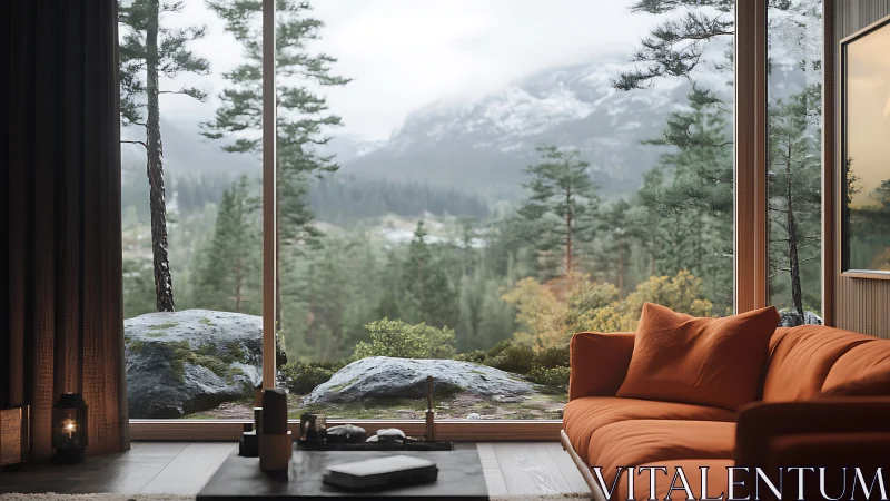 3D modern cabin interior framing misted alpine panorama.