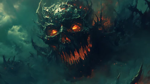 Skull-like fiery entity emerges within turbulent dark clouds