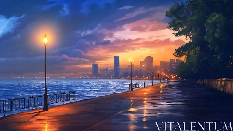 Waterfront promenade with city skyline at coastal sunset.