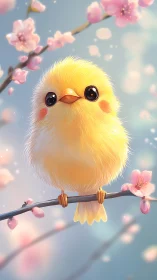 Fluffy yellow chick perches on cherry blossom branch softly