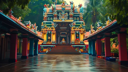Hindu temple courtyard with ornate gopuram under trees.
