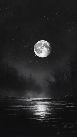 Full moon glows above misty river under star-filled sky.