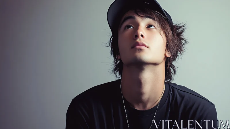 Young man in soft key portrait lighting gazing upward intently