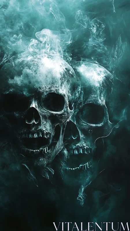 Ethereal skull spirits emerge from swirling teal mist.