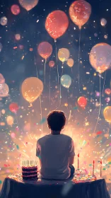 Child seated before illuminated balloons in celebration setting
