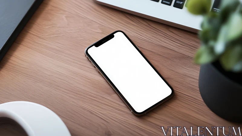 Smartphone with blank display resting on wooden surface amid workspace elements.