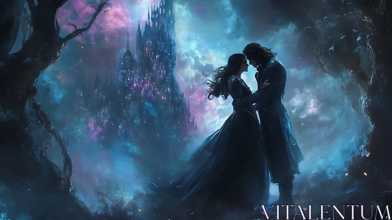 Enchanted Couple Beneath Crystalline Castle in Mystical Realm