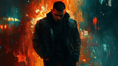 Brooding loner walks the fireline between neon and shadow.