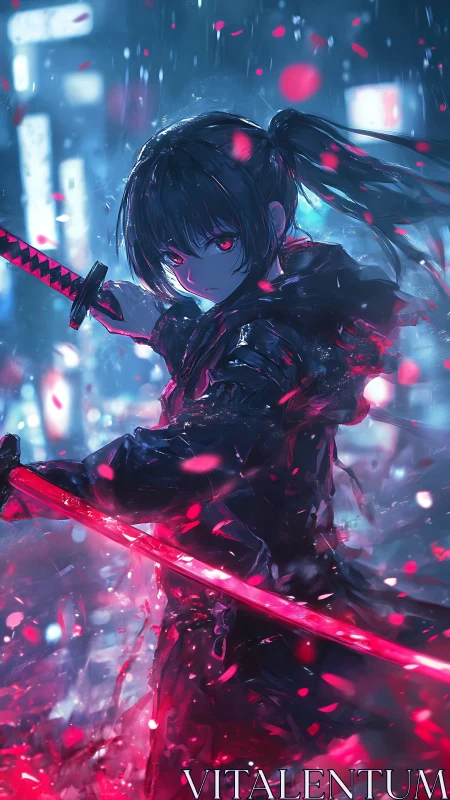 Neon city swordswoman with glowing crimson katana poised.
