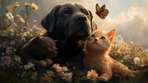 Puppy, Kitten, and Butterflies in Blooming Meadow.