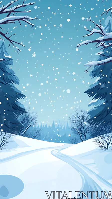 Snowy conifer forest path under falling flakes, vertical view