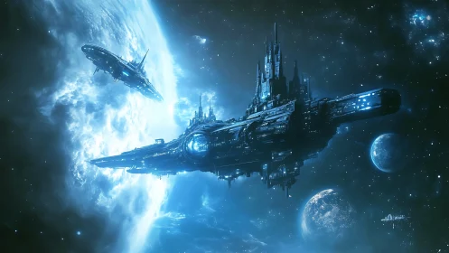 Large starship structure moves in orbit near illuminated planet