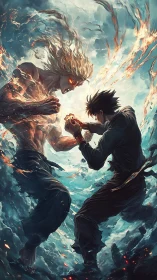 Elemental titan and martial fighter locked in blazing combat.