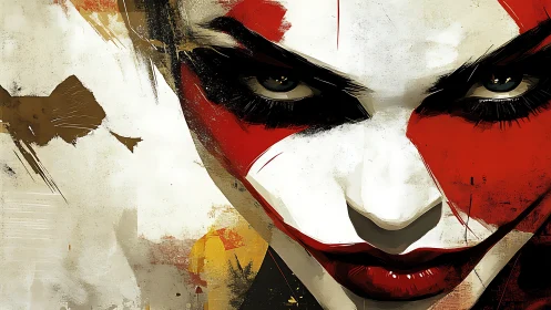 Fierce painted face dominates bold abstract portrait.