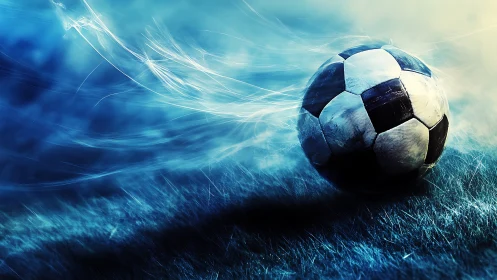 Kinetic soccer ball with luminous motion trails on wet turf.