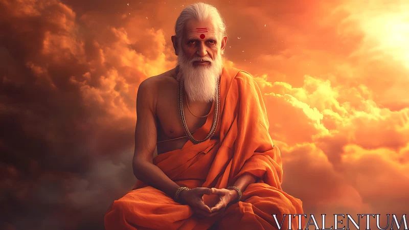 Elderly monk sits cross-legged before illuminated cloudscape