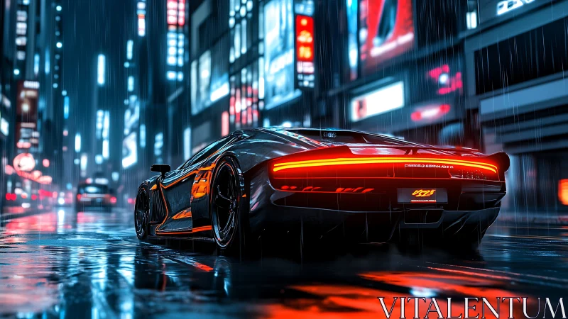 Neon streets and a sleek supercar glowing in city rain.