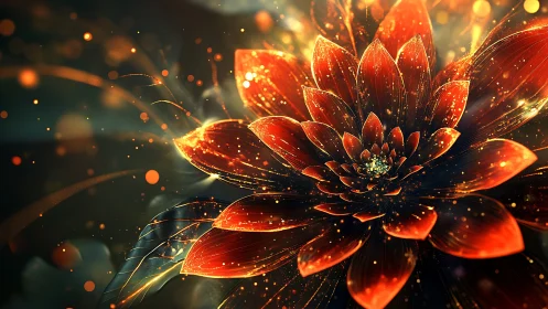 Digital painting of luminous ember-petaled blossom composition.