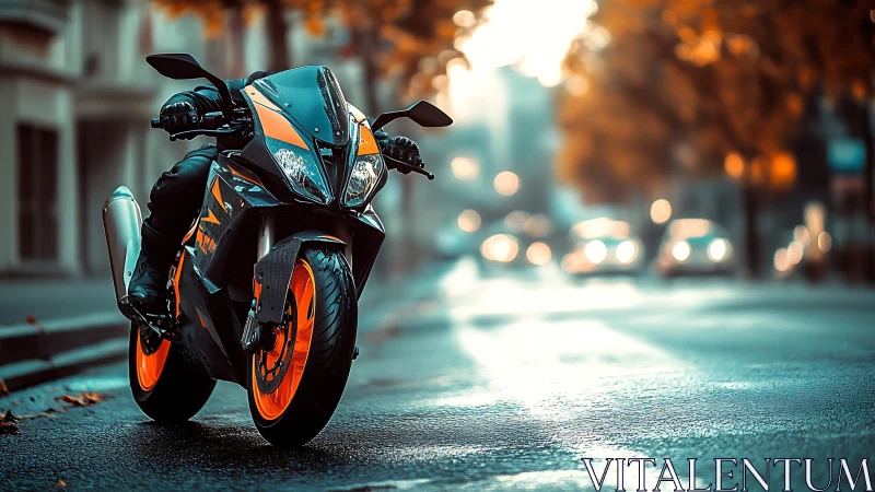 Sport bike glowing on a cozy autumn city street.