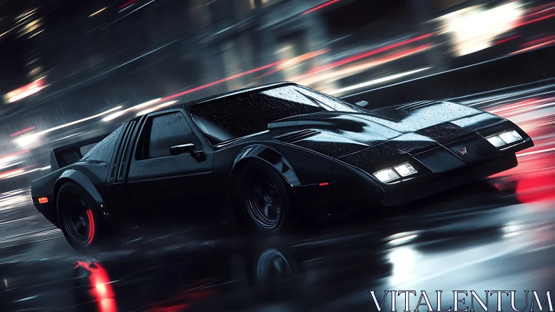 Midnight rain ride with a neon-lit retro supercar.