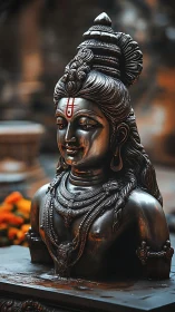 Bronze bust sculpture with intricate devotional adornments.