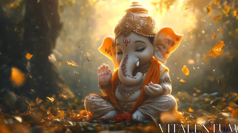 Baby Ganesha idol meditates in glowing autumn forest light