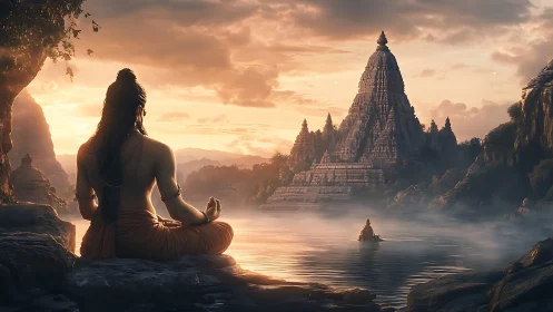 Meditating ascetic observes riverside temple in volumetric dawn lighting