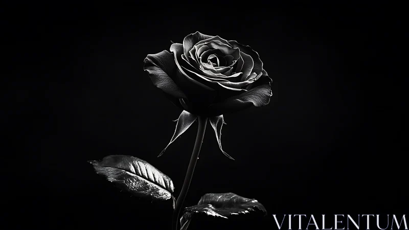 Single black rose glows softly against a deep void background