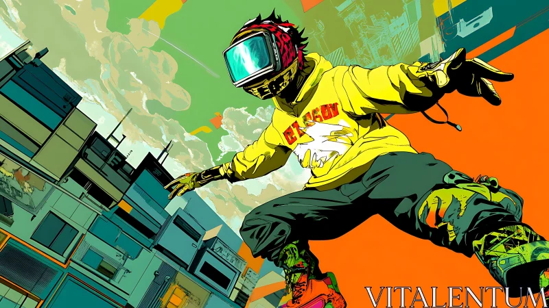 Urban skyboarder soaring through bold futuristic color.