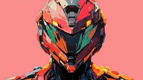 Neon armored cyborg gazes forward against bold coral void