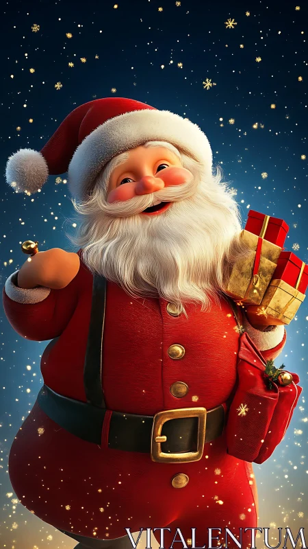 Cartoon Santa Claus holding gifts against starry night sky.