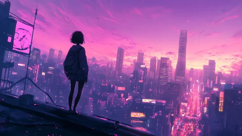 Solitary rooftop watcher above neon violet megacity dusk.