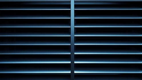 Metallic vent louvers form symmetric blue industrial grid.