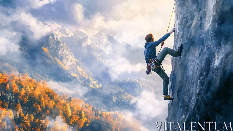 Rock climber scaling sheer cliff above misty autumn valley.