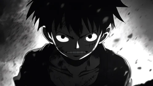 High-contrast anime close-up shows intense battle-worn resolve