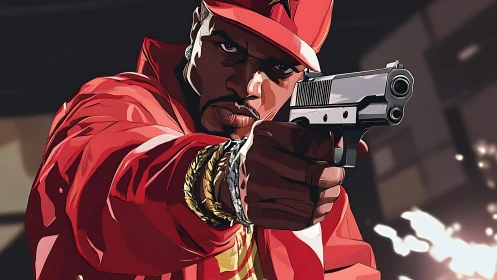 Urban gunslinger in red jacket freezes a blazing split-second.