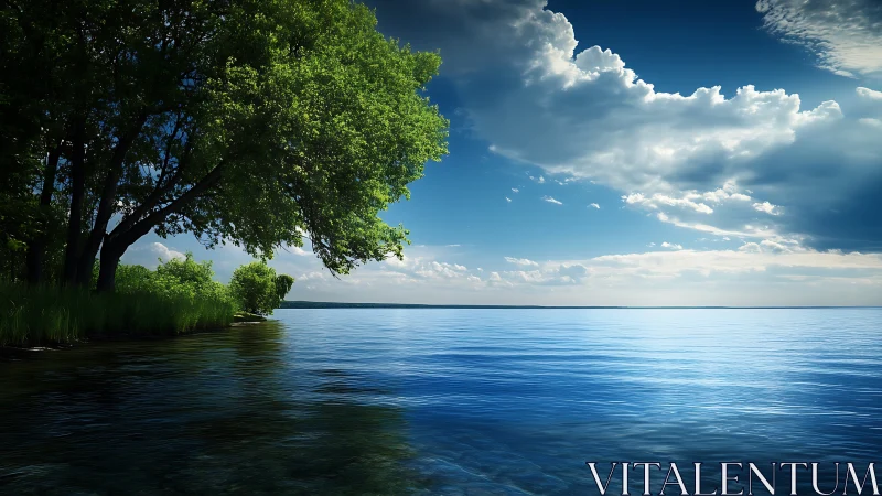 Calm lake surface reflects clouded sky beside dense shoreline