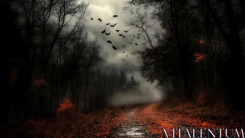 Crows in flight over misty autumn forest trail at dusk.