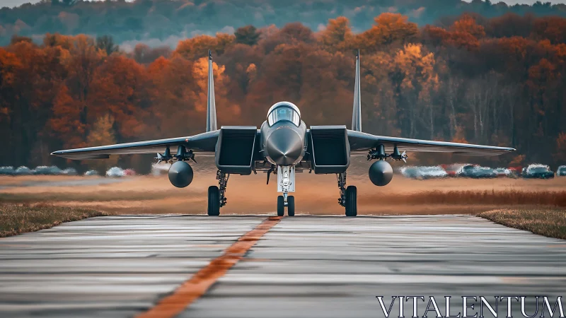 Frontline jet poised on runway amid autumn treeline.