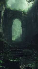 Ancient jungle archway overgrown with deep green foliage.