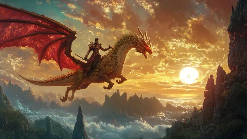 Dragon rider soars above fiery sunset peaks in epic flight