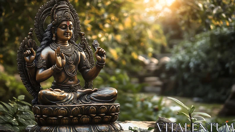 Serene bronze deity statue glowing in a peaceful garden.