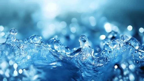 Macro water splash forms crystalline blue liquid peaks