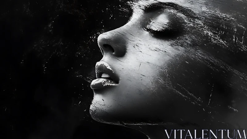 Serene side profile drifts through textured black and light