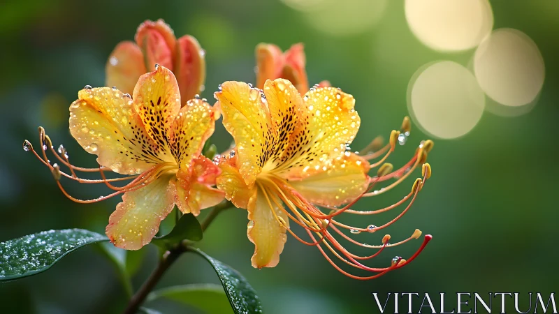 Yellow Lily Blooms Jeweled with Morning Dew.