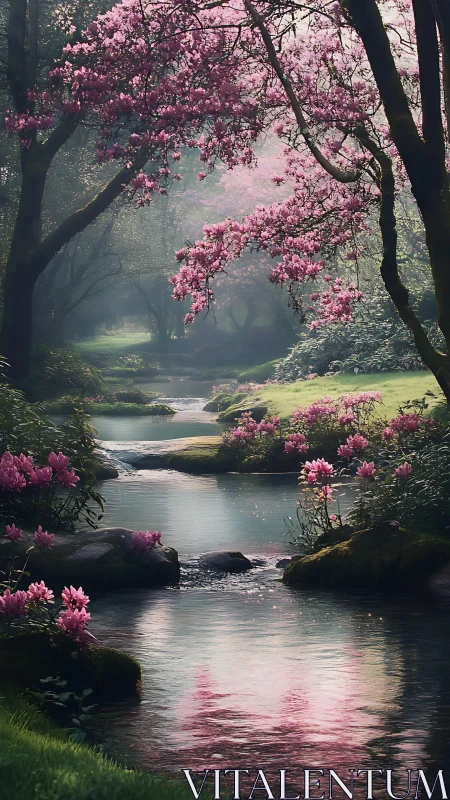 Serene spring creek under blooming pink canopy in soft mist.