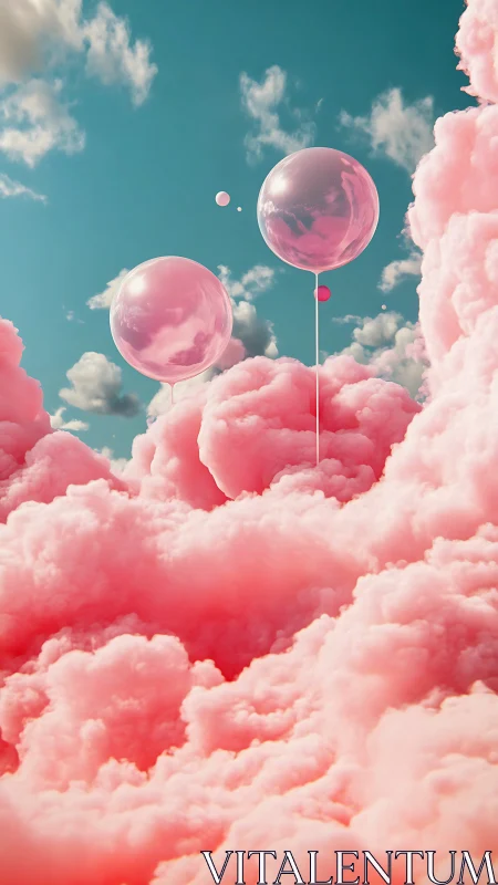 Spherical balloons rise above volumetric pink cloud forms