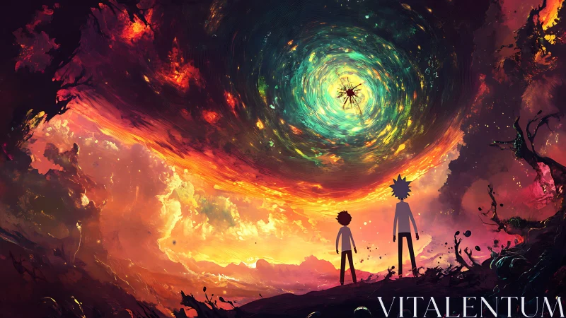 Cosmic vortex sky over two voyagers on a burning horizon.