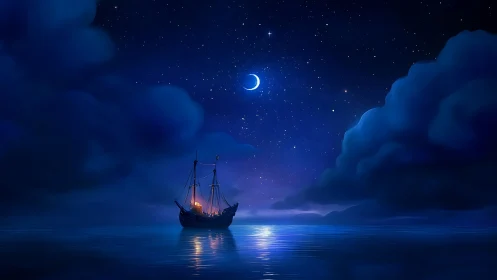 Moonlit pocket of calm cradles a lone lantern-lit ship